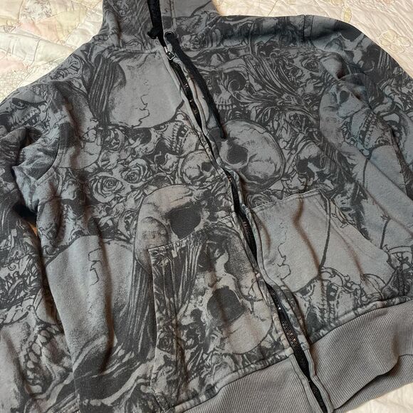 faded glory vintage y2k oversized skull print fleece lined hoodie medium - Picture 2 of 7